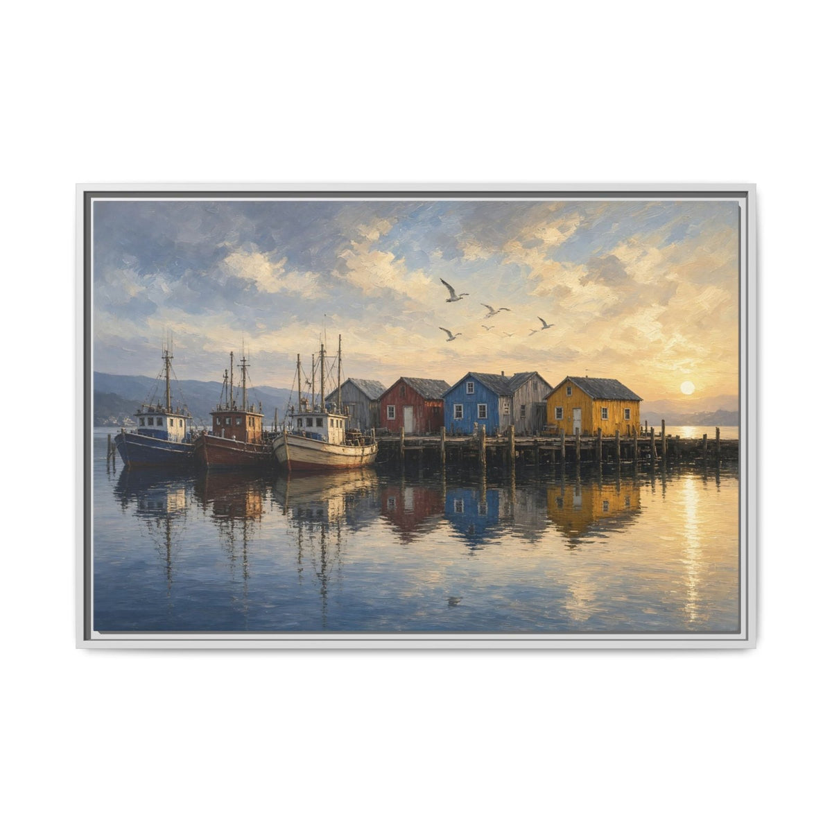 Framed canvas wall art: fishing harbor scene with boats, birds, and sunset reflection; gray frame