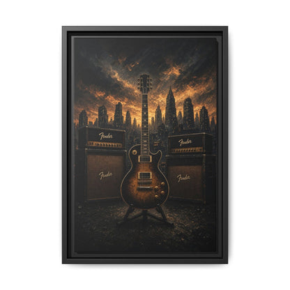 Guitar, Amps & Burning Skyline Cityscape Canvas