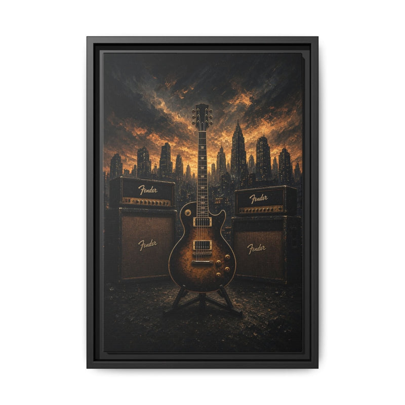 Guitar, Amps & Burning Skyline Cityscape Canvas
