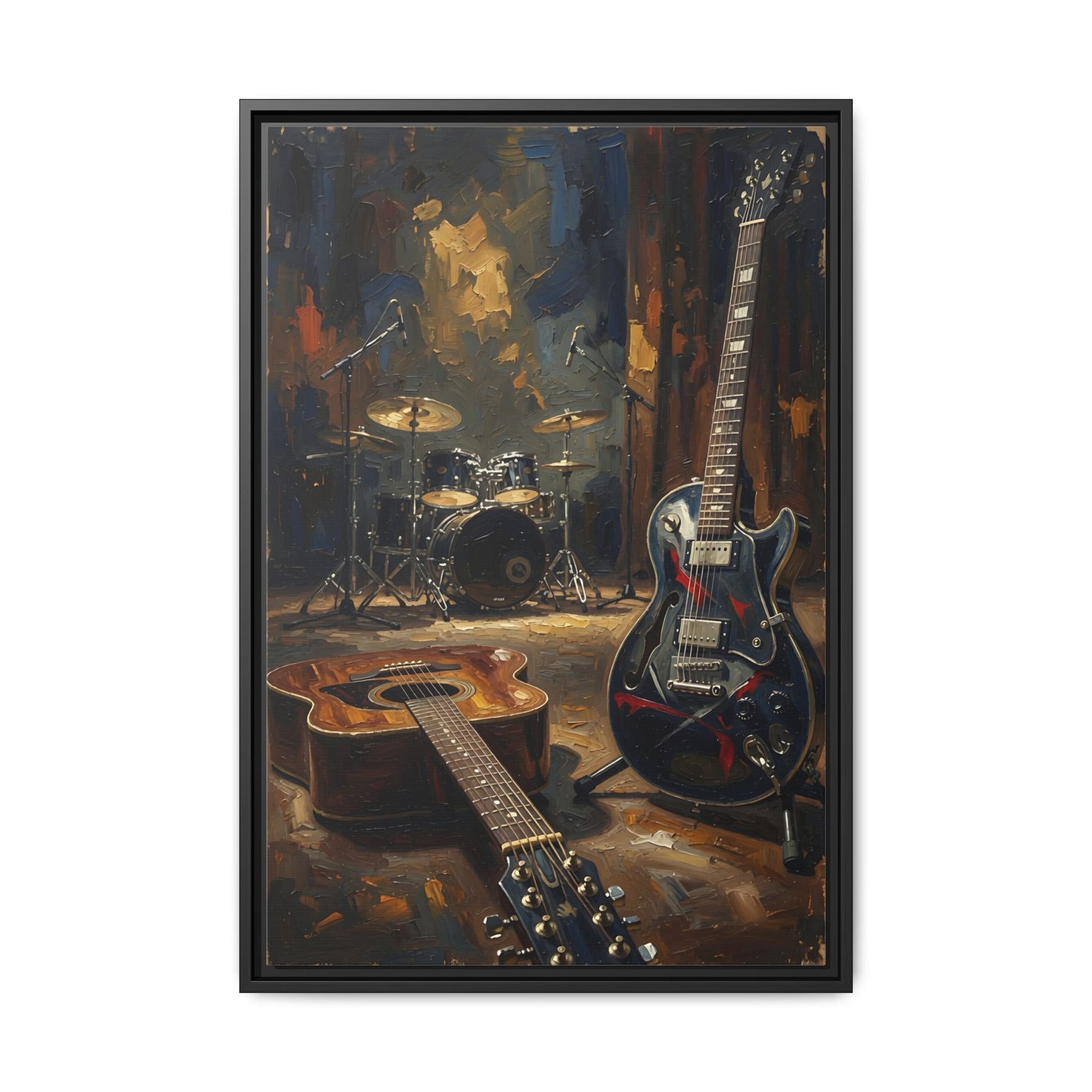 Framed Rock N Roll Matte Canvas - Vintage Guitar & Drum Set Music Wall Art