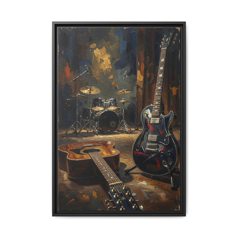 Framed Rock N Roll Matte Canvas - Vintage Guitar & Drum Set Music Wall Art