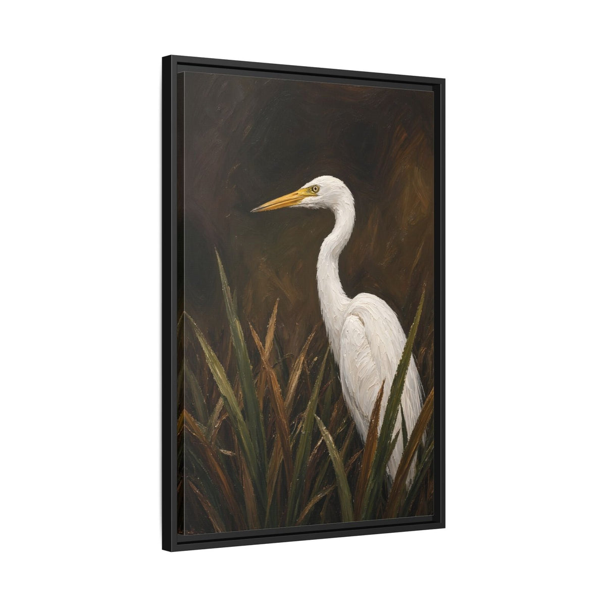 Black-framed egret canvas wall art in a vertical orientation with white bird