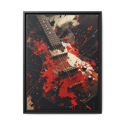 Black framed electric guitar wall art canvas with bold red splashes and abstract details.