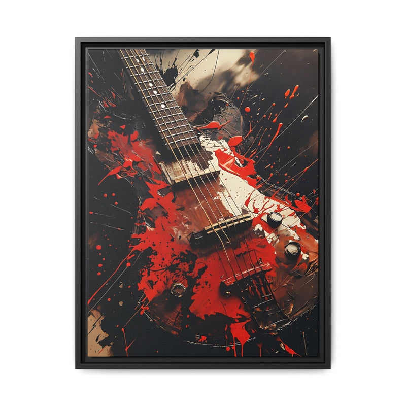 Black framed electric guitar wall art canvas with bold red splashes and abstract details.