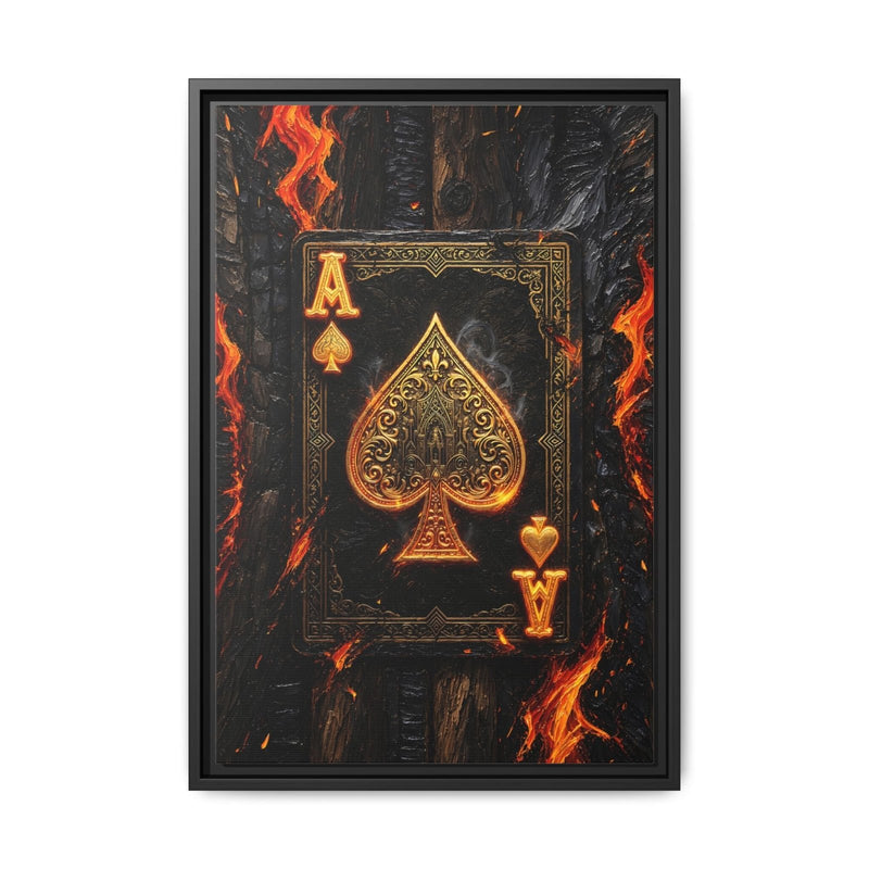 Framed canvas featuring burning ace of spades and heart card symbols, black frame