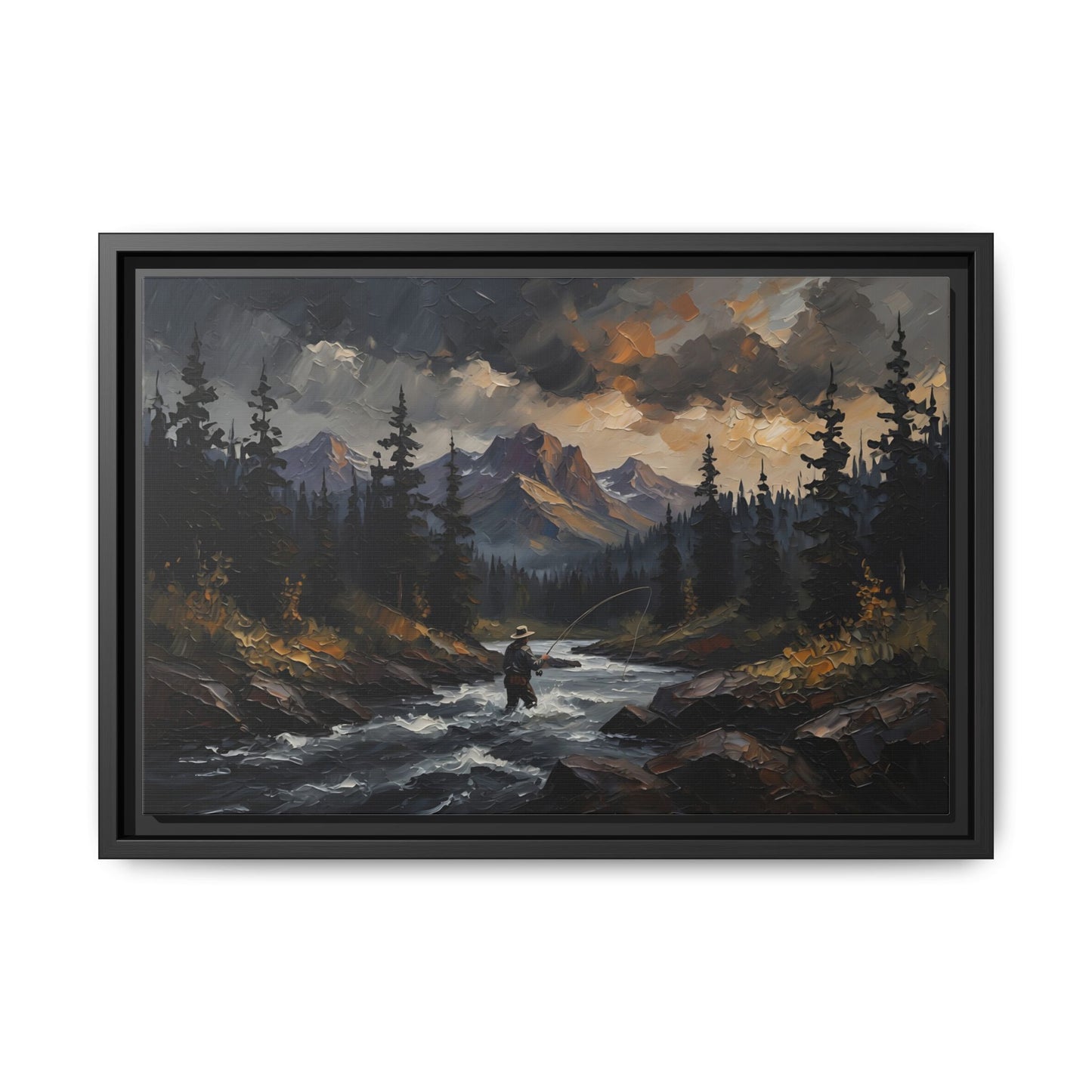 Framed Matte Canvas Print — Wilderness Fly Fisherman Landscape