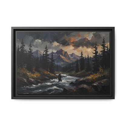 Framed Matte Canvas Print — Wilderness Fly Fisherman Landscape