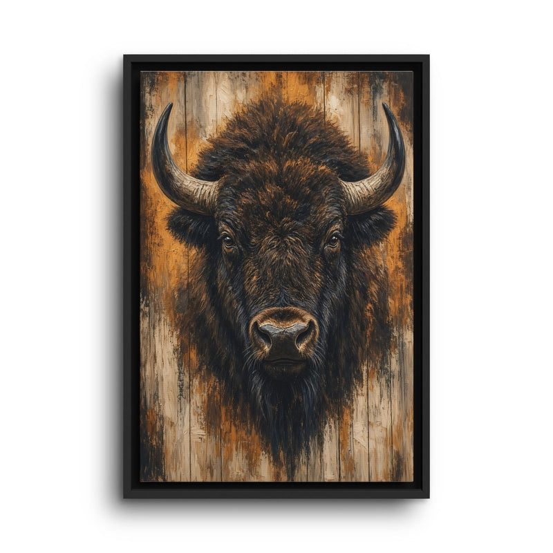 Framed bison portrait canvas wall art, centered head with curved horns