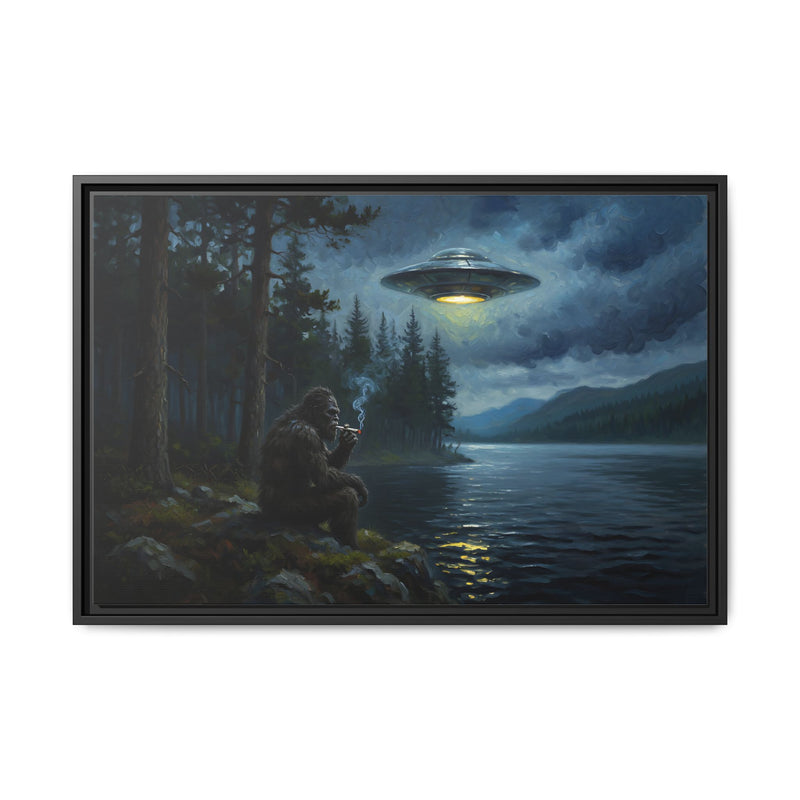 Bigfoot & UFO Matte Canvas Print — Framed Sasquatch Smoke Break  Wall Art