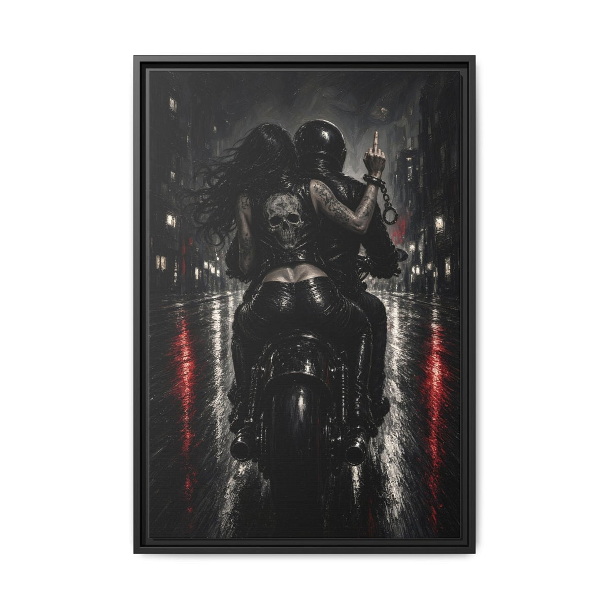 Black-framed biker canvas with monochrome rider and motorcycle, red road streaks