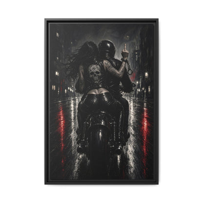 Black-framed biker canvas with monochrome rider and motorcycle, red road streaks