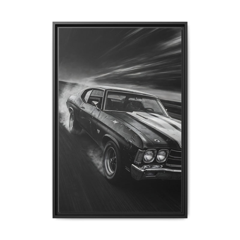 Black-framed canvas print of a classic muscle car in grayscale, front 3/4 view