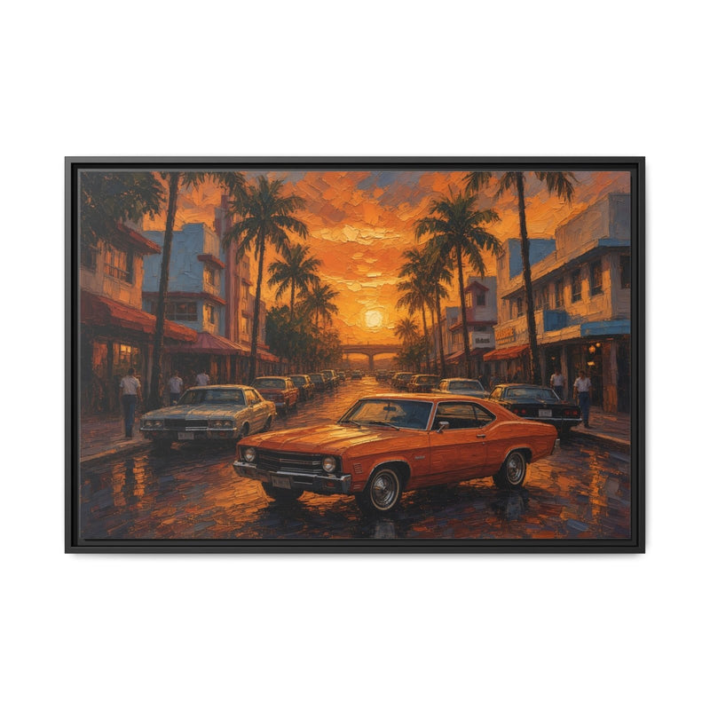 Framed canvas wall art with two classic cars on a palm-lined street at sunset