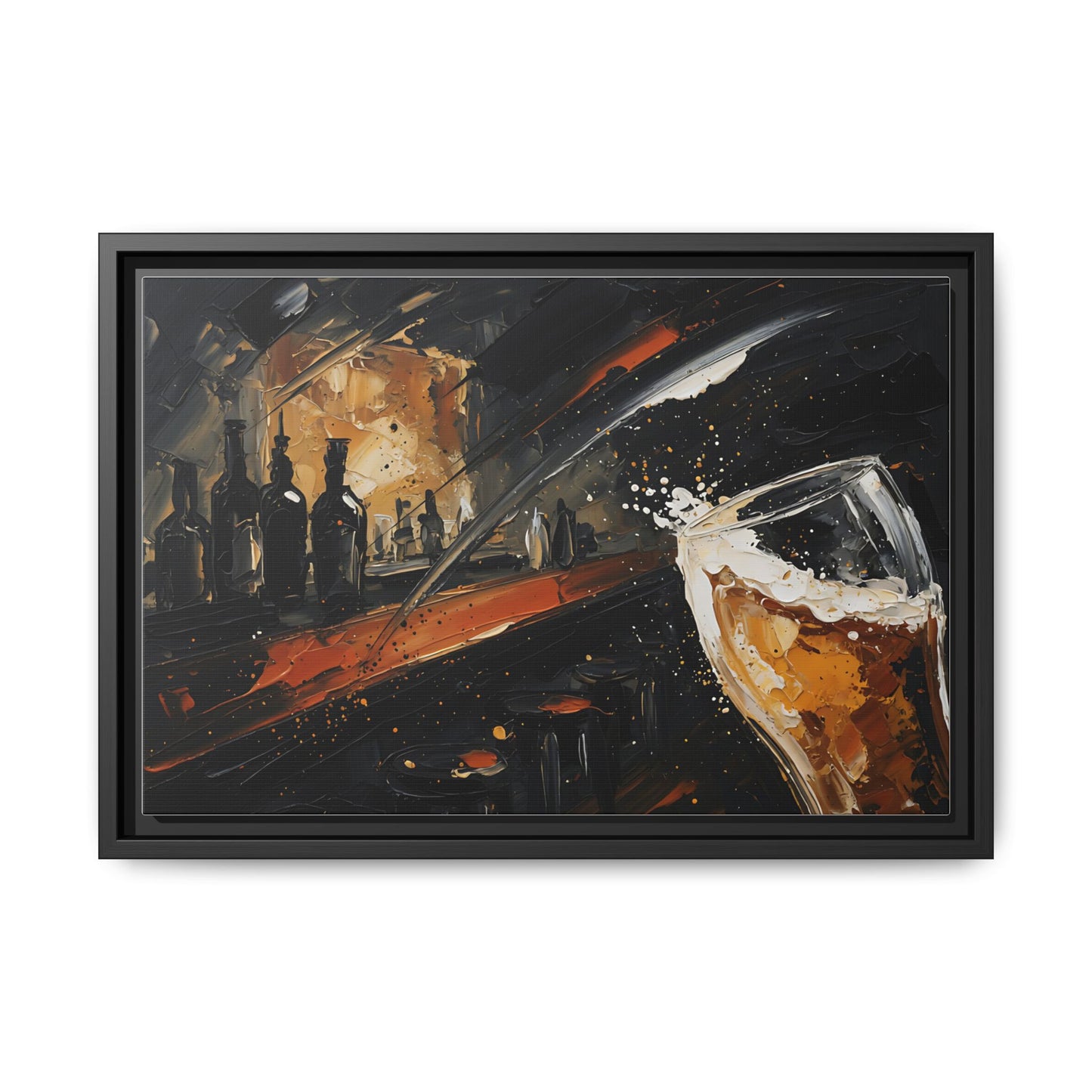 Framed matte canvas wall art showing beer glass with foam and bar bottles, black frame