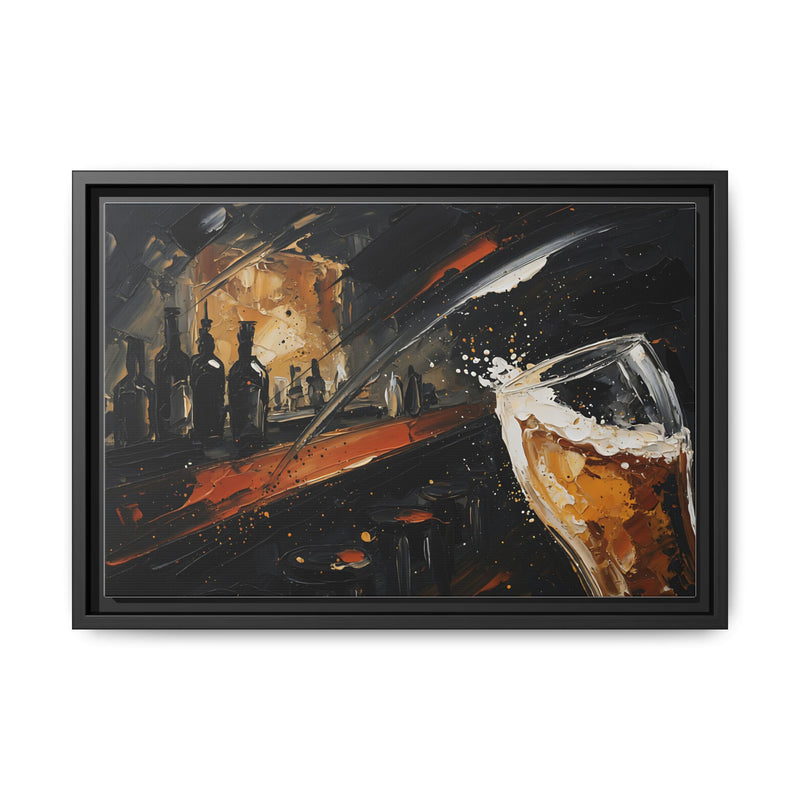 Framed matte canvas wall art showing beer glass with foam and bar bottles, black frame