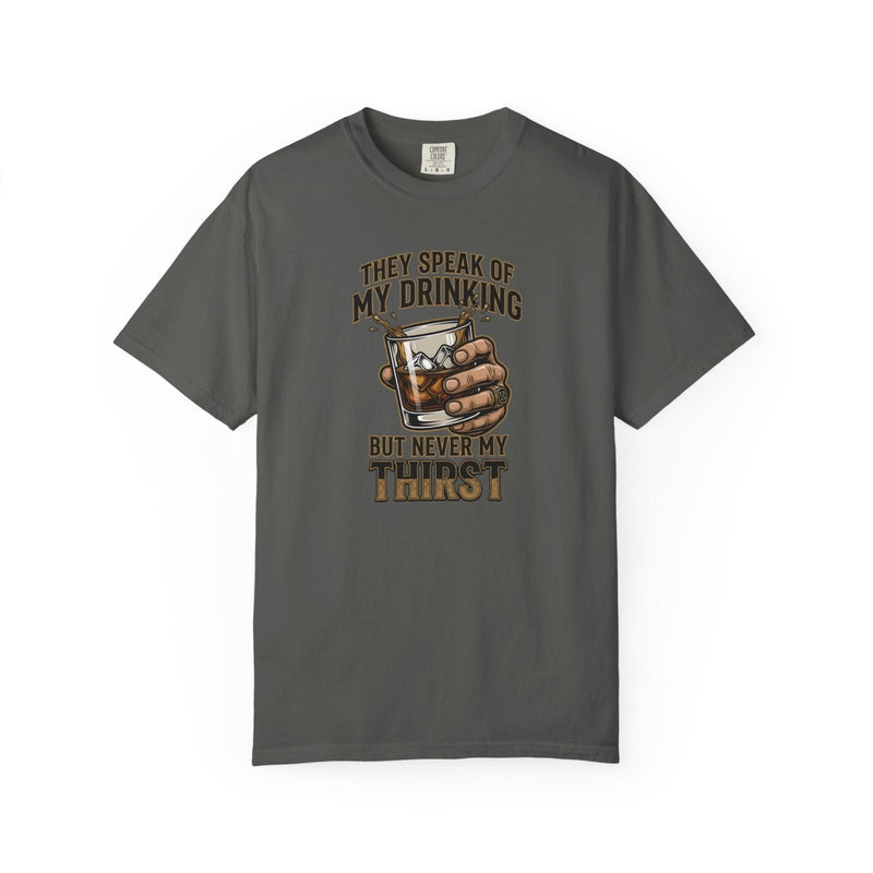 Dark gray whiskey quote graphic T-shirt with short sleeves and crew neck
