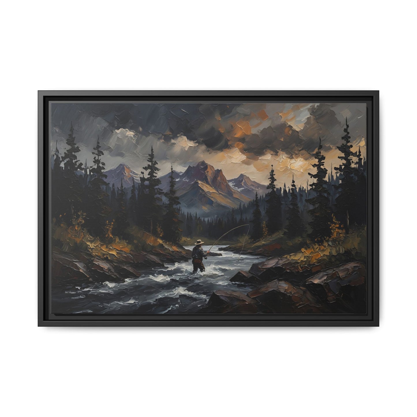 Framed Matte Canvas Print — Wilderness Fly Fisherman Landscape