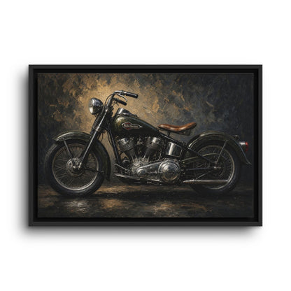 Framed motorcycle canvas showing a vintage black bike with chrome engine details