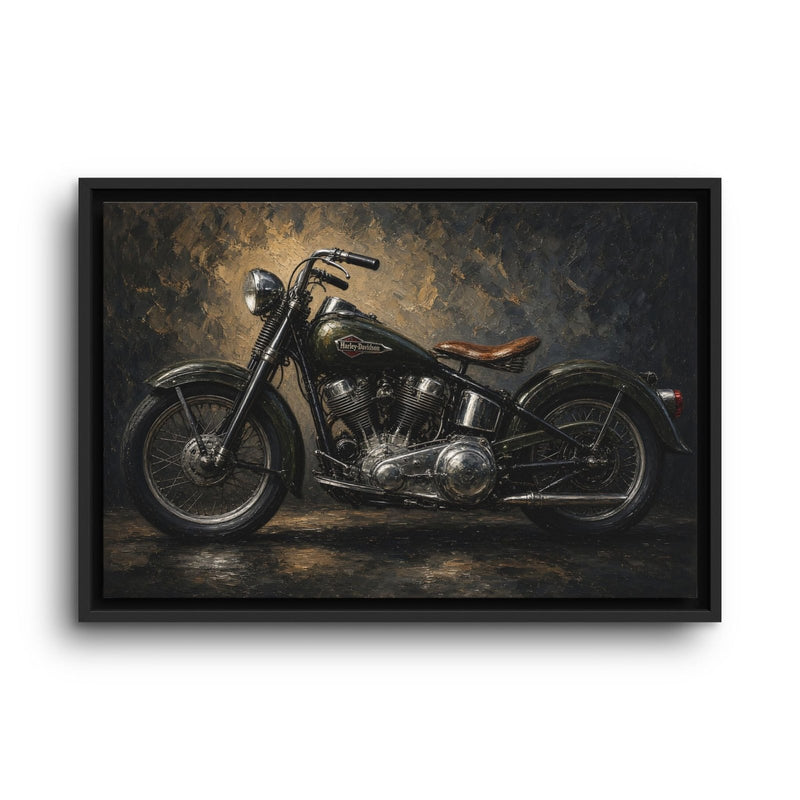 Framed motorcycle canvas showing a vintage black bike with chrome engine details