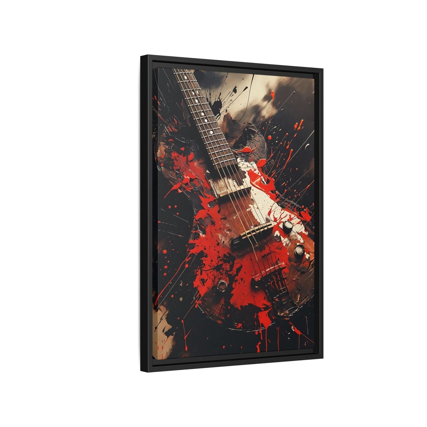 Black framed electric guitar wall art canvas with red splatter artwork and gray highlights.