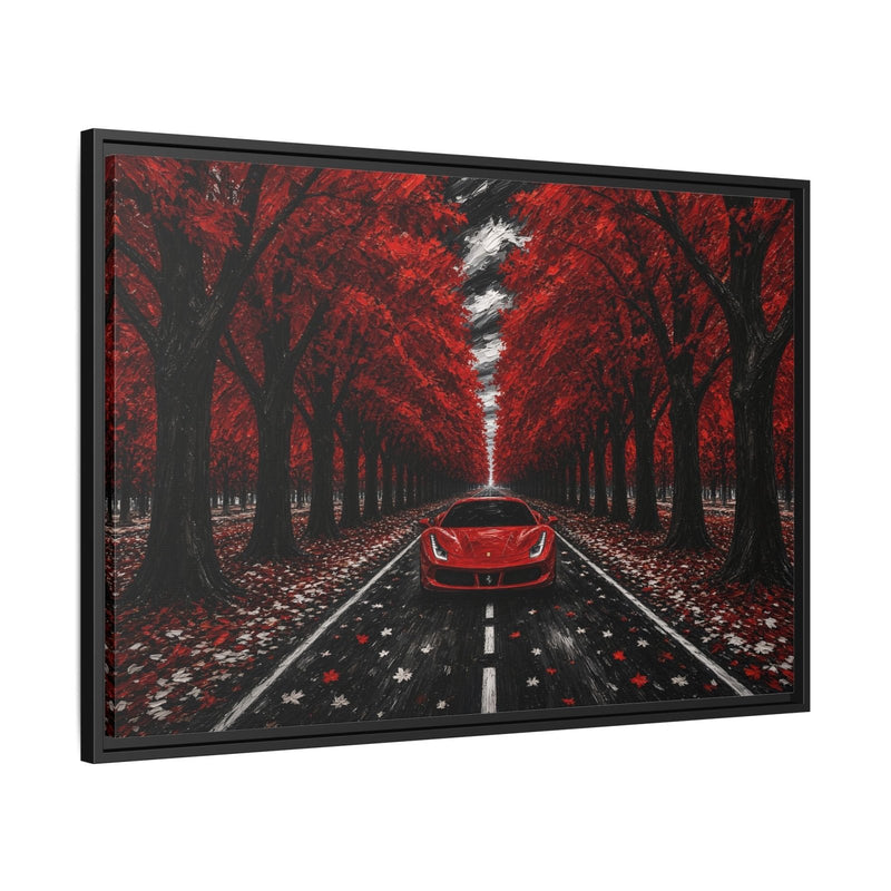 Framed canvas wall art angled view: red sports car on a dark autumn lane