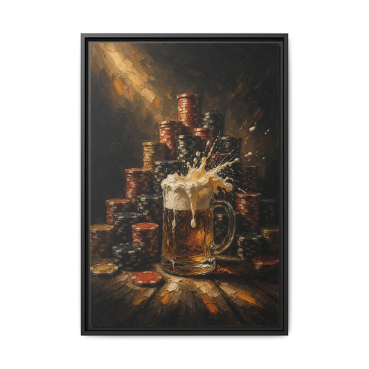 Framed canvas wall art of a beer mug with foamy pour, surrounded by poker chips