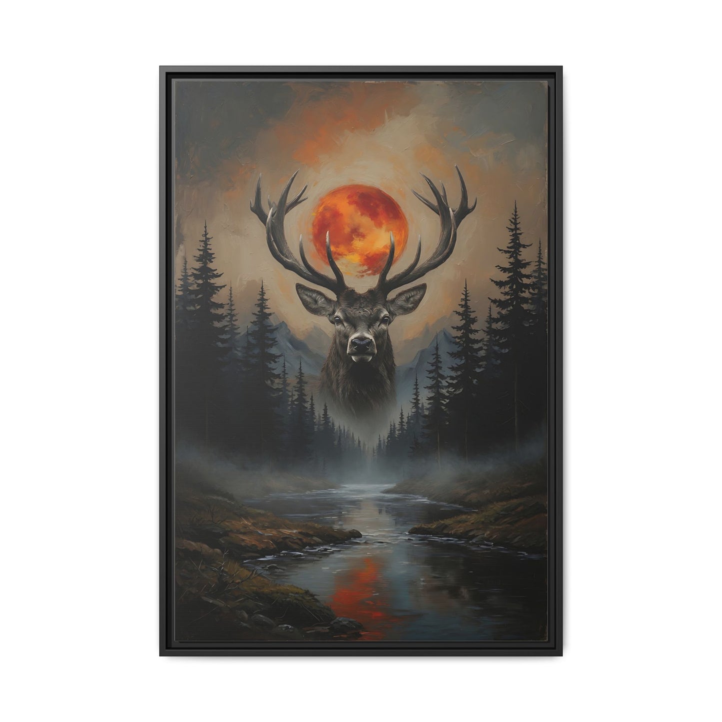 Stag Silhouette with Blood Moon -  Framed Matte Canvas Art
