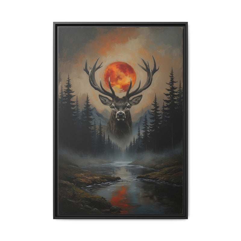 Black framed matte canvas print featuring a deer silhouette under a blazing orange-red moon
