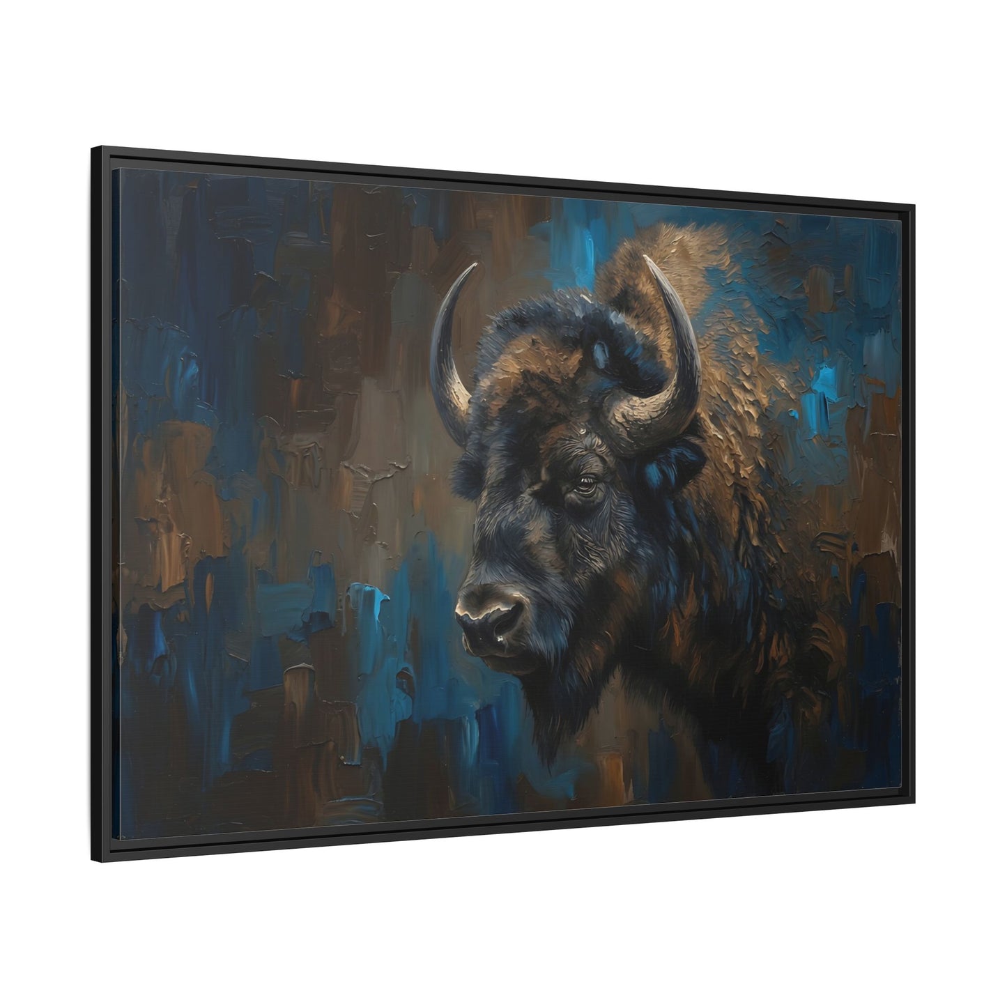 Framed Bison Canvas Art — Rustic Blue & Brown Wildlife Wall Decor