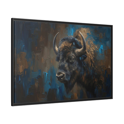 Framed Bison Canvas Art — Rustic Blue & Brown Wildlife Wall Decor