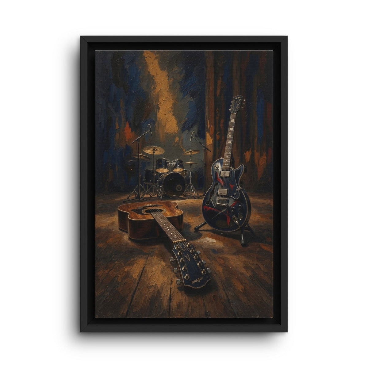 Vertical framed canvas print showing electric guitar and drum set scene