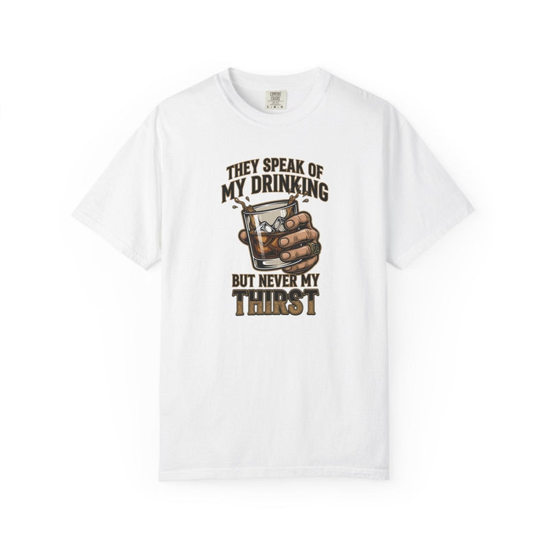 White whiskey quote graphic T-shirt with short sleeves and crew neck