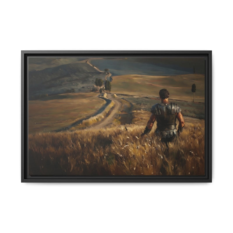 Black-framed matte canvas print with two standing figures along a winding trail in tall grass