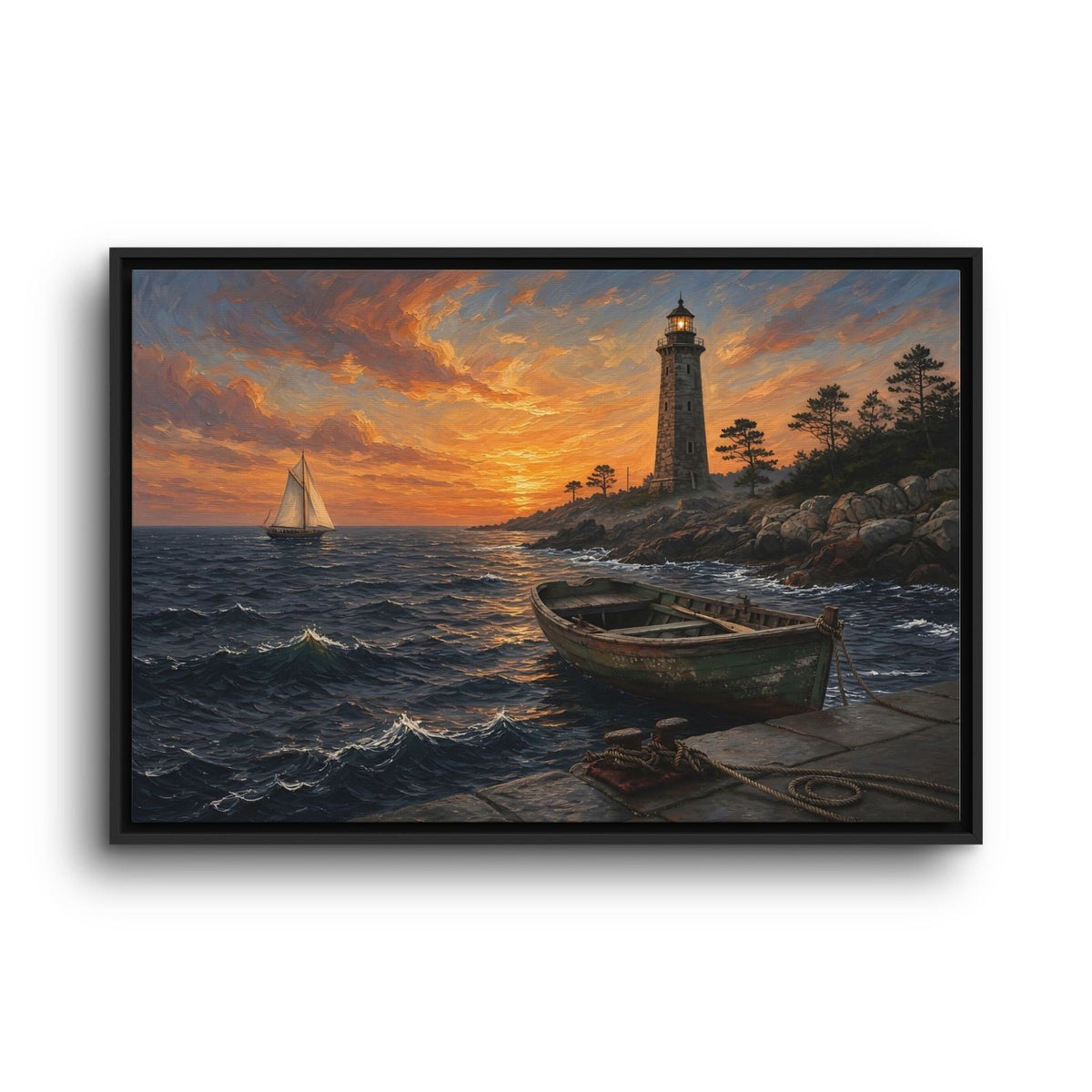 Framed canvas wall art featuring a rowboat near a rocky shore and lighthouse