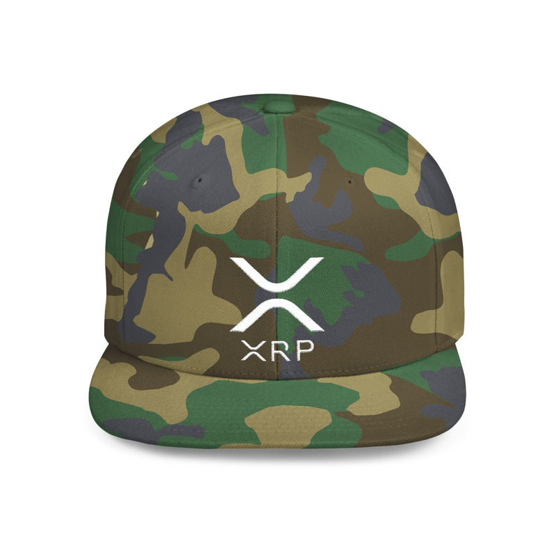 Flat bill snapback cap in green camo with white XRP logo