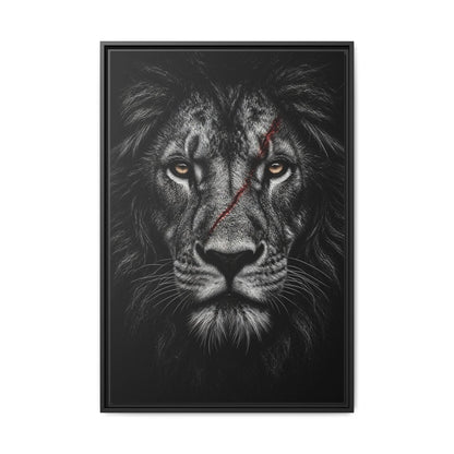 Black lion portrait canvas print in a dark frame, front view.