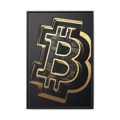 Gold Bitcoin Symbol Matte Framed Canvas — Crypto Wall Art for Office & Home