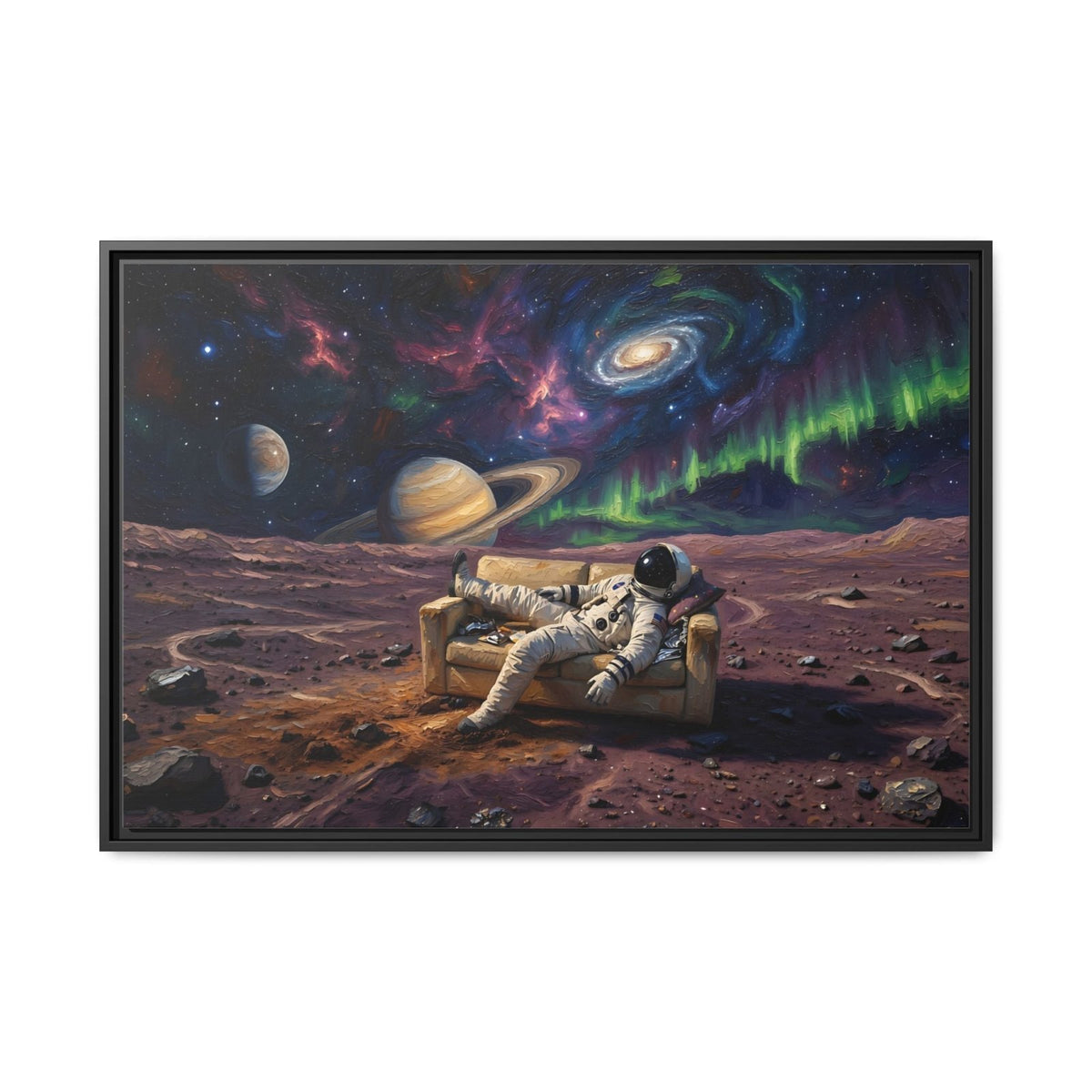 Black framed space canvas featuring an astronaut on a rover with colorful nebula