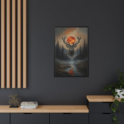 Stag Silhouette with Blood Moon -  Framed Matte Canvas Art