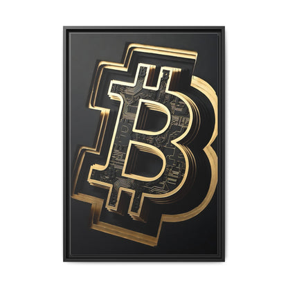 Gold Bitcoin Symbol Matte Framed Canvas — Crypto Wall Art for Office & Home
