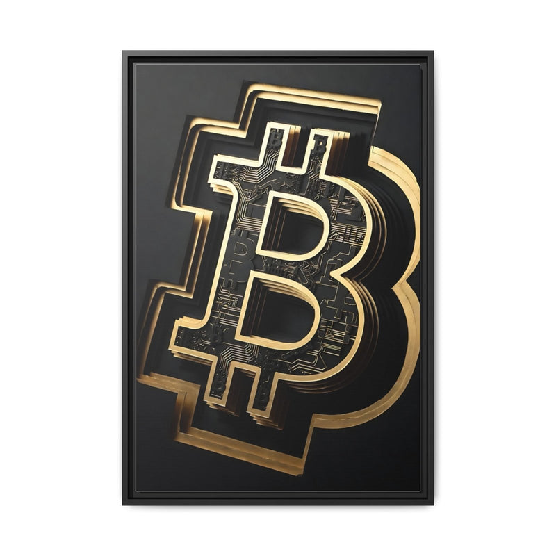Framed canvas with gold Bitcoin symbol on a dark background