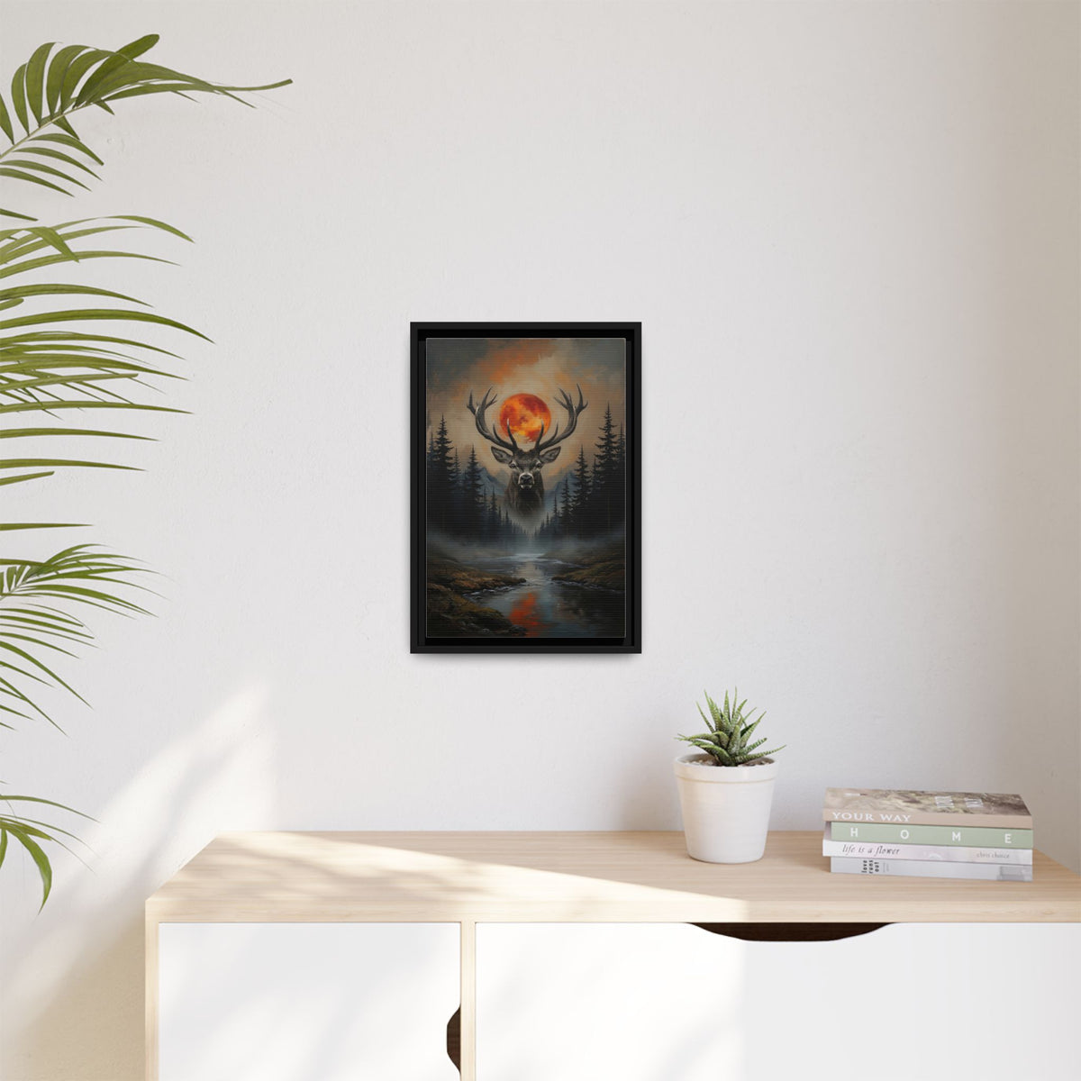 Stag Silhouette with Blood Moon -  Framed Matte Canvas Art