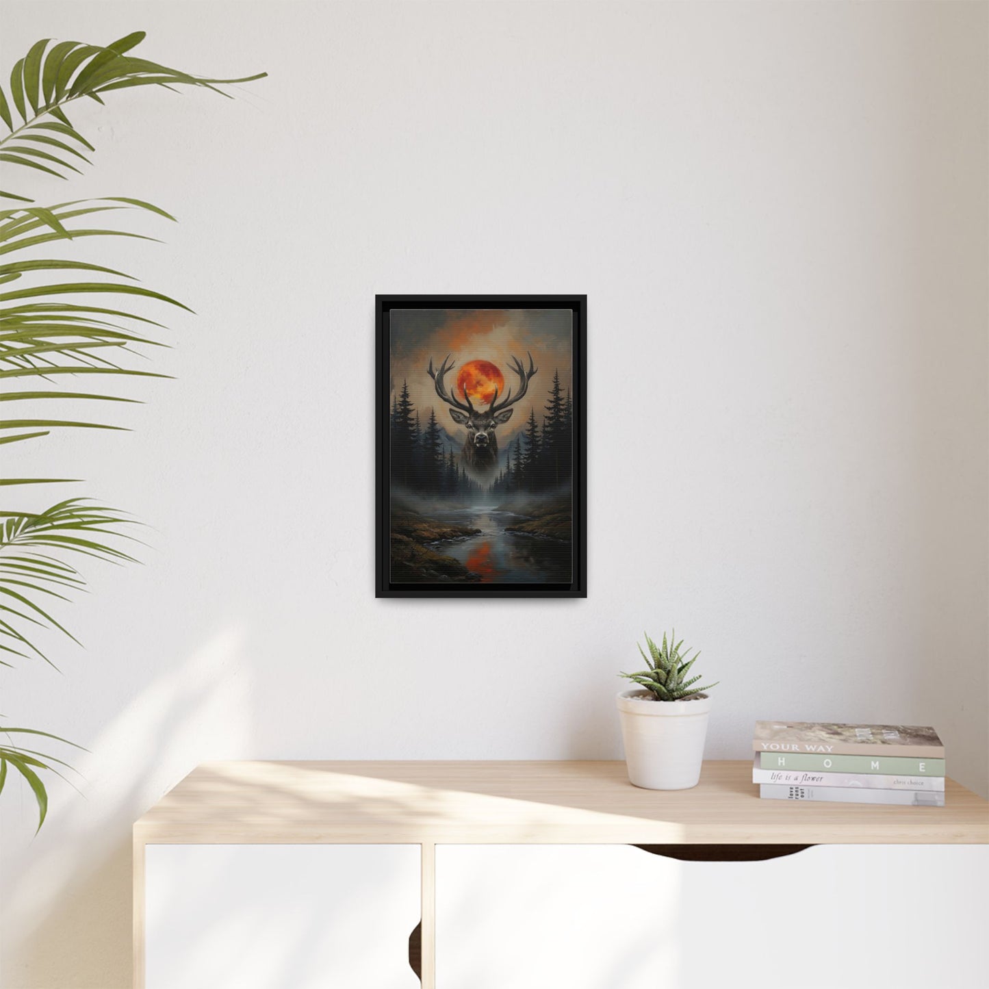 Stag Silhouette with Blood Moon -  Framed Matte Canvas Art