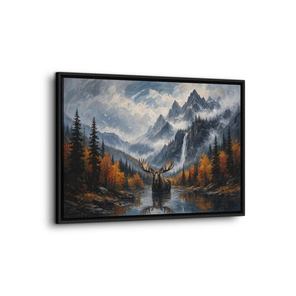 Angled view of a black-framed moose canvas showing a mountain lake and autumn forest