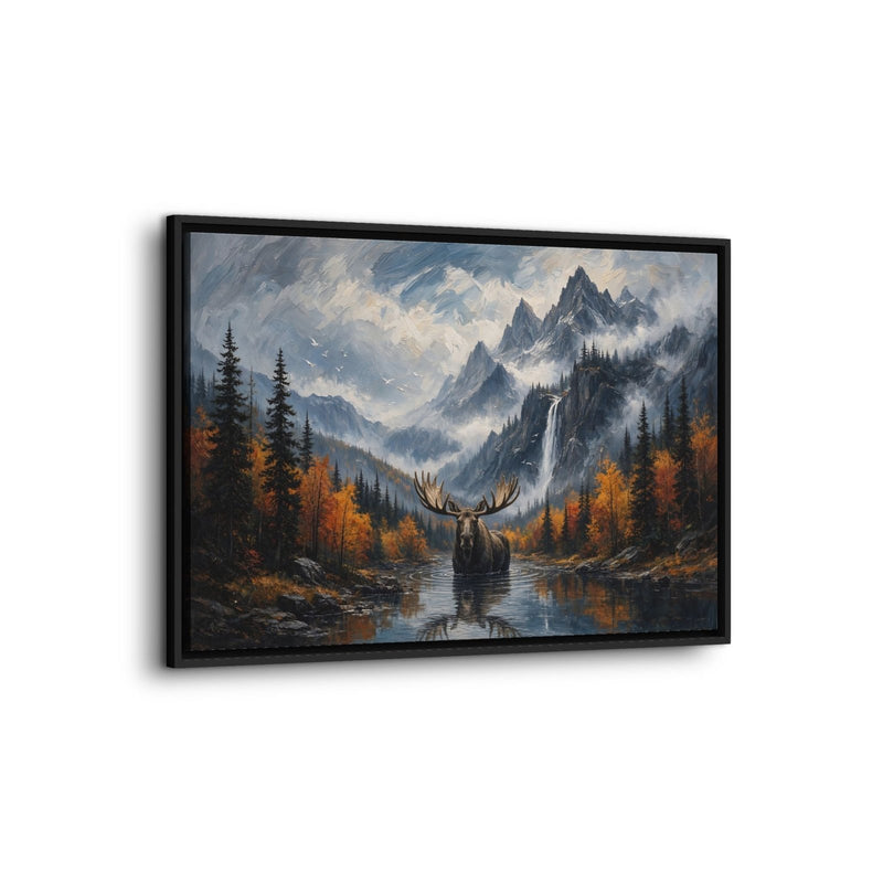 Angled view of a black-framed moose canvas showing a mountain lake and autumn forest