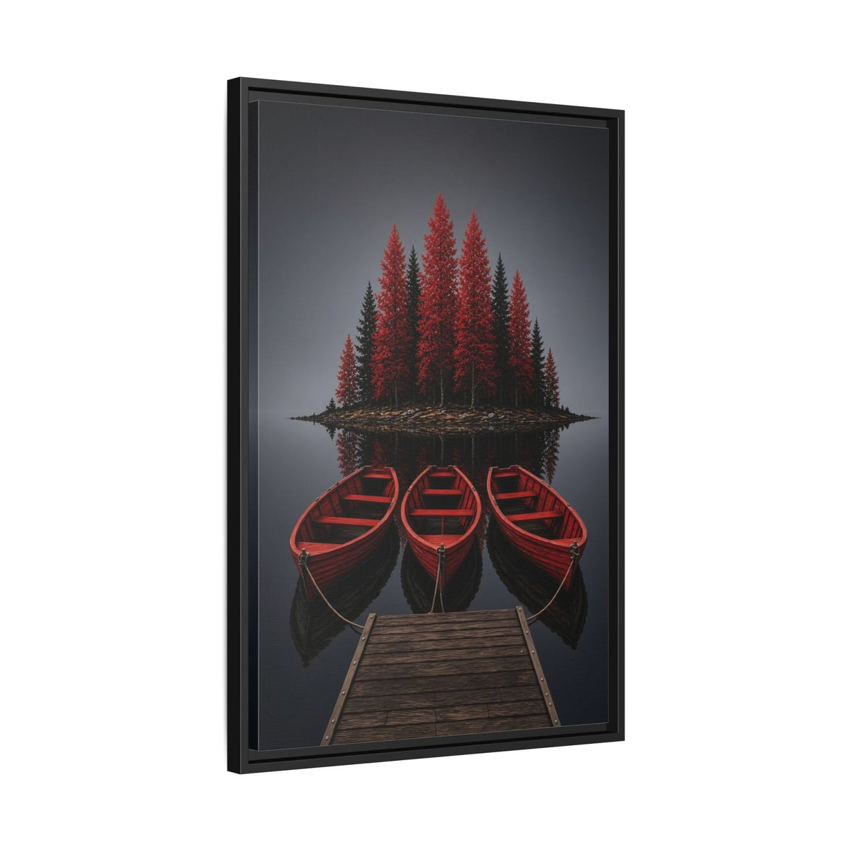 Framed lake canvas wall art in angled view showing three red canoes and dock