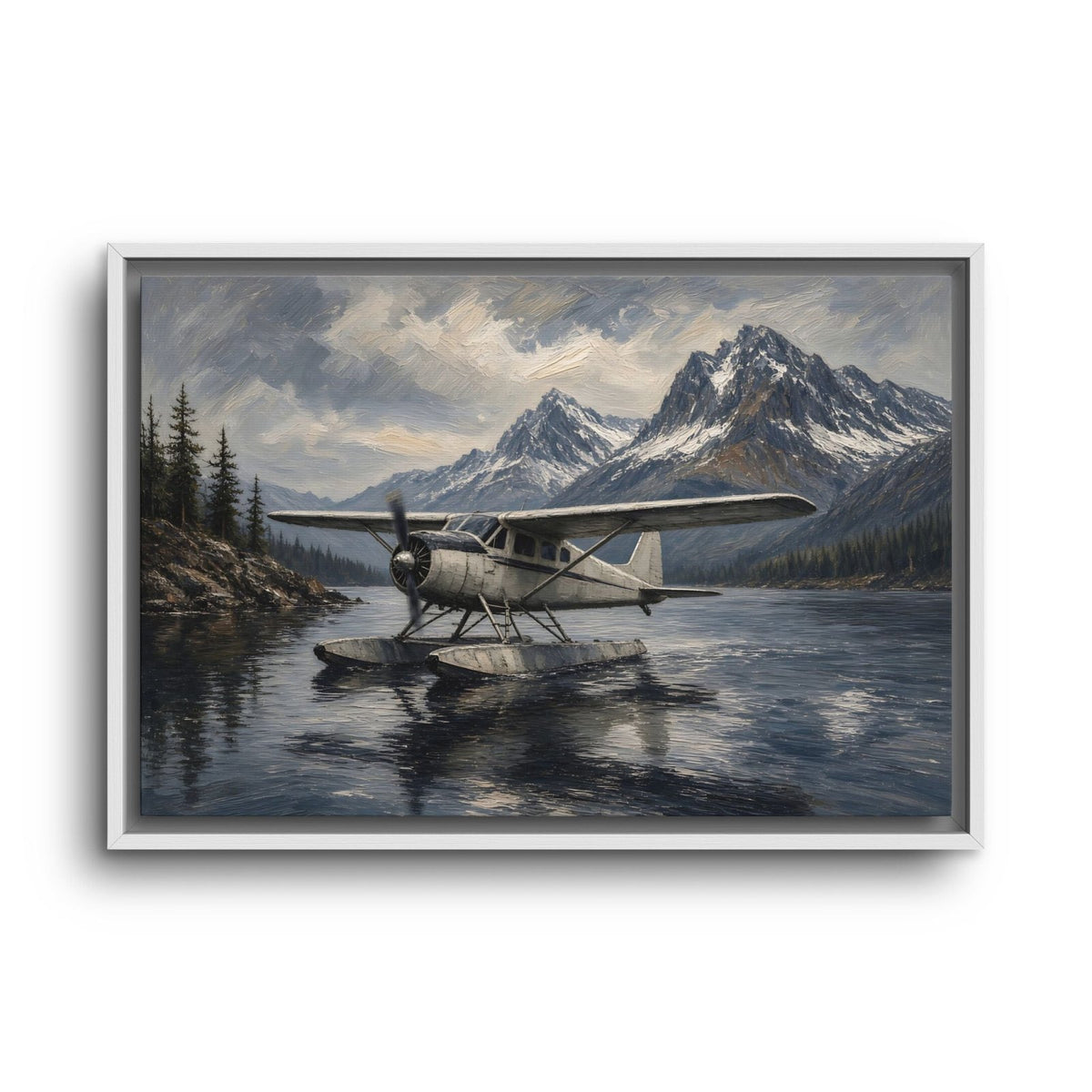 White-framed seaplane canvas print showing airplane on water with mountain and forest scene