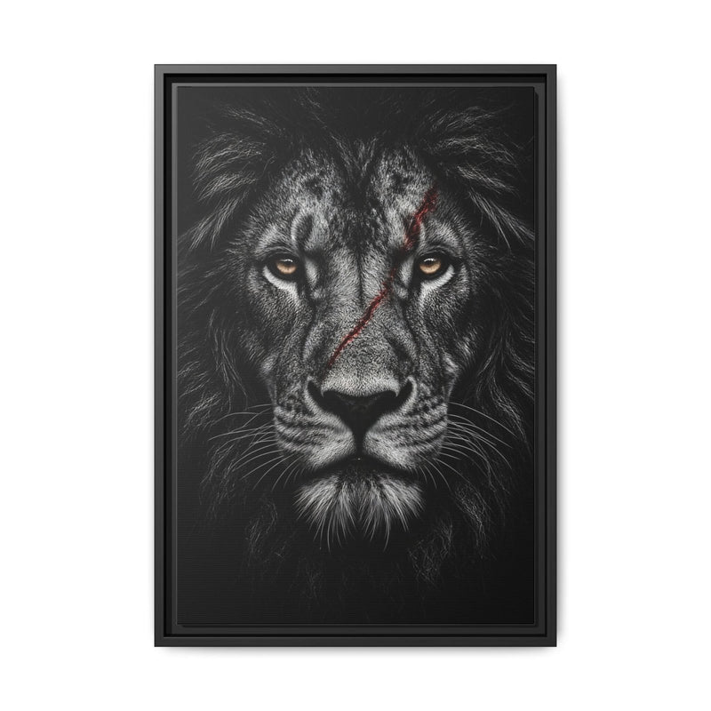 Black lion portrait canvas print in a dark frame, front view.