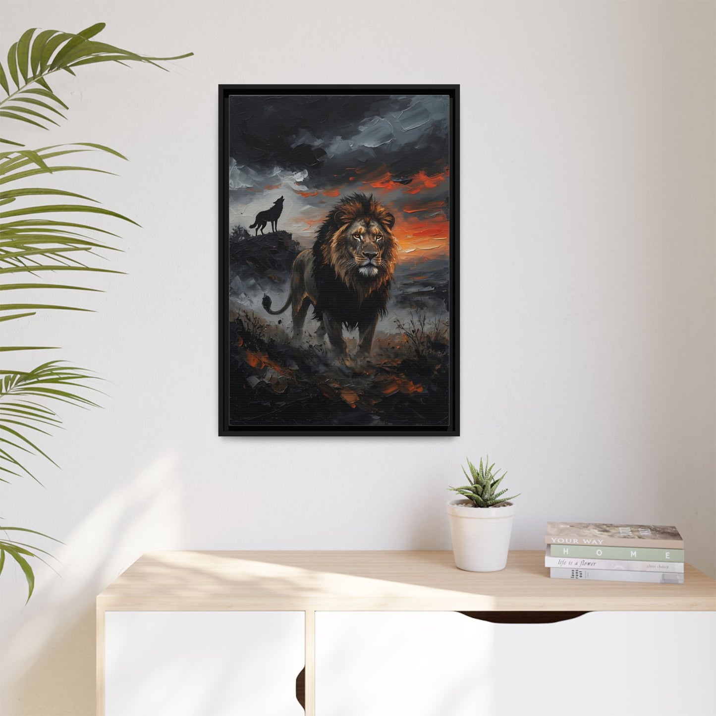 Lion and Wolf Matte Framed Canvas — Majestic Wildlife Sunset Wall Art