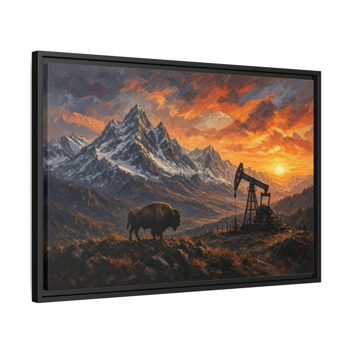 Angled black-framed matte canvas with bison, pumpjack, and orange mountain sunset